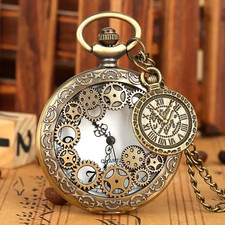 Vintage Hollow-Out Pocket Watch Gear Compass Pendant Necklace Quartz Movement