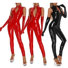Womens PVC Faux Leather Catsuit 2 Way Zipper Shiny Bodysuit Long Sleeve Jumpsuit