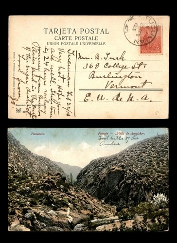 Mayfairstamps Argentina 1913 Tucuman to Burlington VT Canyon Postcard aax_10651