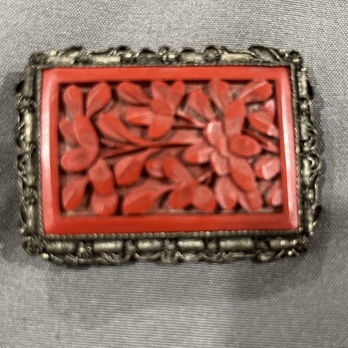 Antique Cinnabar Dress Clip Silver Tone Art Deco Authentic Chinese