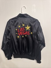 VTG Las Vegas Satin Bomber Jacket Embroidered Made USA Black Small Vegas Blues