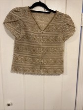 Women  s Vintage Lace beaded Pearl Button Top Sz S