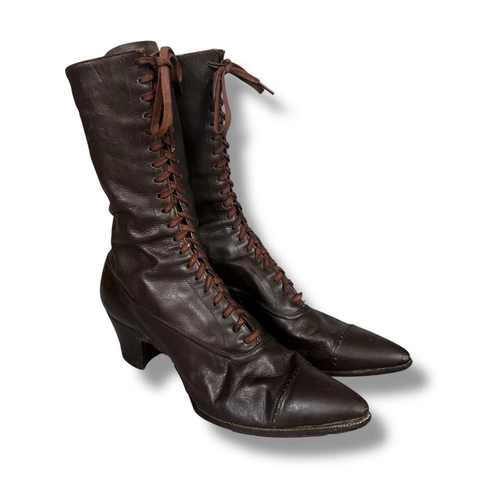 Botas victorianas antiguas vintage de cuero marrón para mujer altas con cordones de 10 1/4" de largo Foto 4 de 4