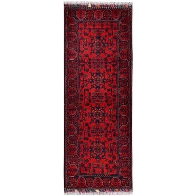 1'9''x5' Red Afghan Andkhoy with Geometric Motif Wool Hand Knotted Runner Rug