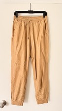 Women  s Beige Faux Leather Jogger Pants Size M Elastic Waist Drawstring Pockets