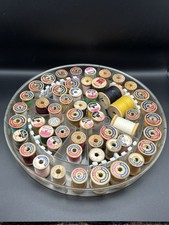 Vintage Round Sewing Caddy, 54 Wooden Thread Spools, some empty/some thread