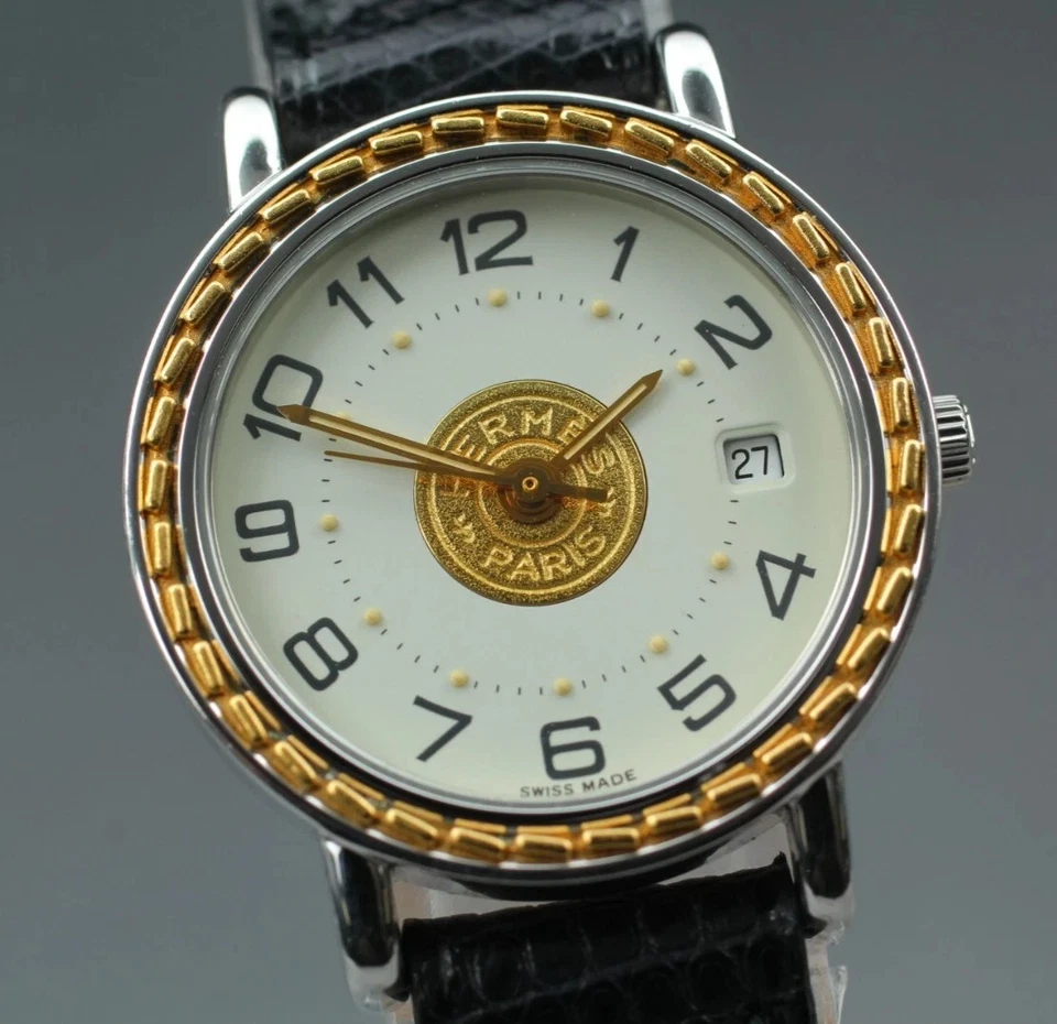 [Casi COMO NUEVO] HERMES SERIE 24mm esfera marfil oro/plata redondo cuarzo reloj para mujer Foto 2 de 4