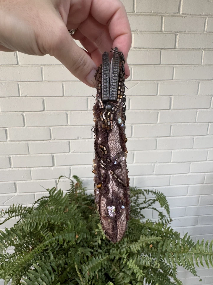 Bolso Cartera de Noche Vintage Moyna Negro Berenjena Púrpura Oscuro Encaje Lentejuelas Cuentas Foto 4 de 4