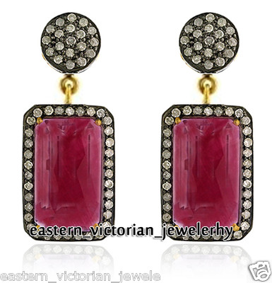 Gorgeous 1.02Ctw Rose Cut Diamond Ruby Studded Silver Victorian Earring Jewelry