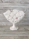 Vintage Westmoreland Milk Glass Old Quilt Fan Vase Hand Painted Roses