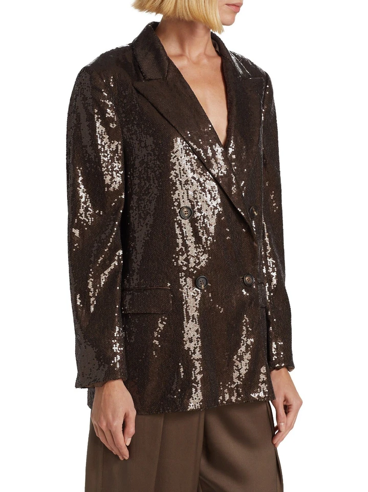 $9995 Brunello Cucinelli Sequin Double-Breasted Jacket Blazer Brown IT 40 / US 4 - Image 3 of 4