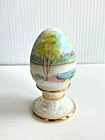 Fenton Art Glass Iridescent White Pedestal Easter Egg hand painted trees Cutshaw