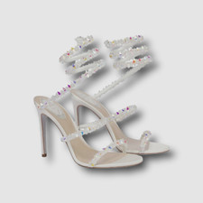  1630 Rene Caovilla Women's White Jewel Frozen Satin Heel Shoes EU 39.5/US 9.5