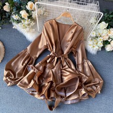 Lady Satin Short Mini Dress Sexy A-line Lantern Sleeve V-neck Ruffle Lace-up Fit