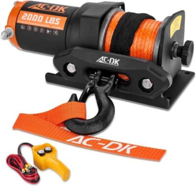 AC-DK Electric Winch 2000LBS 12V With 50ft Orange Synthetic Rope Towing ATV UTV