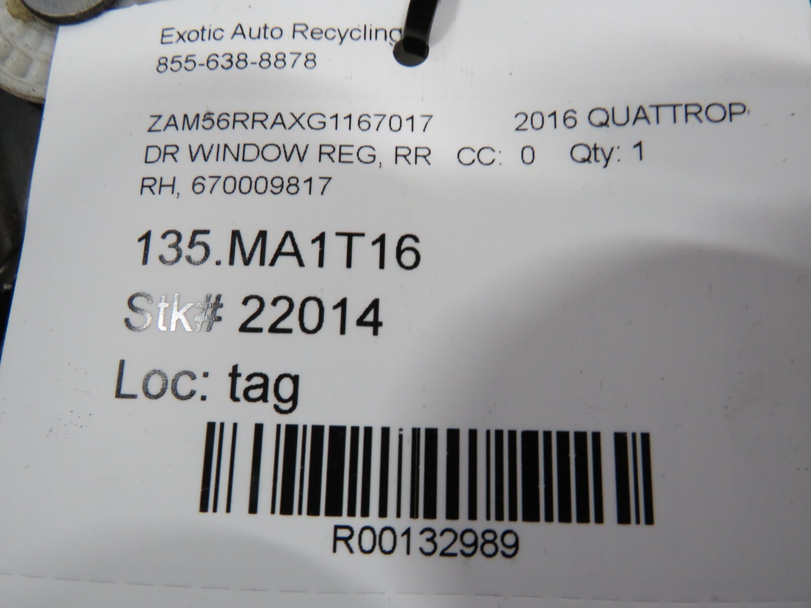 2016 Maserati Quattroporte, RH, Right Rear Window Regulator, Used, P/N 670009817