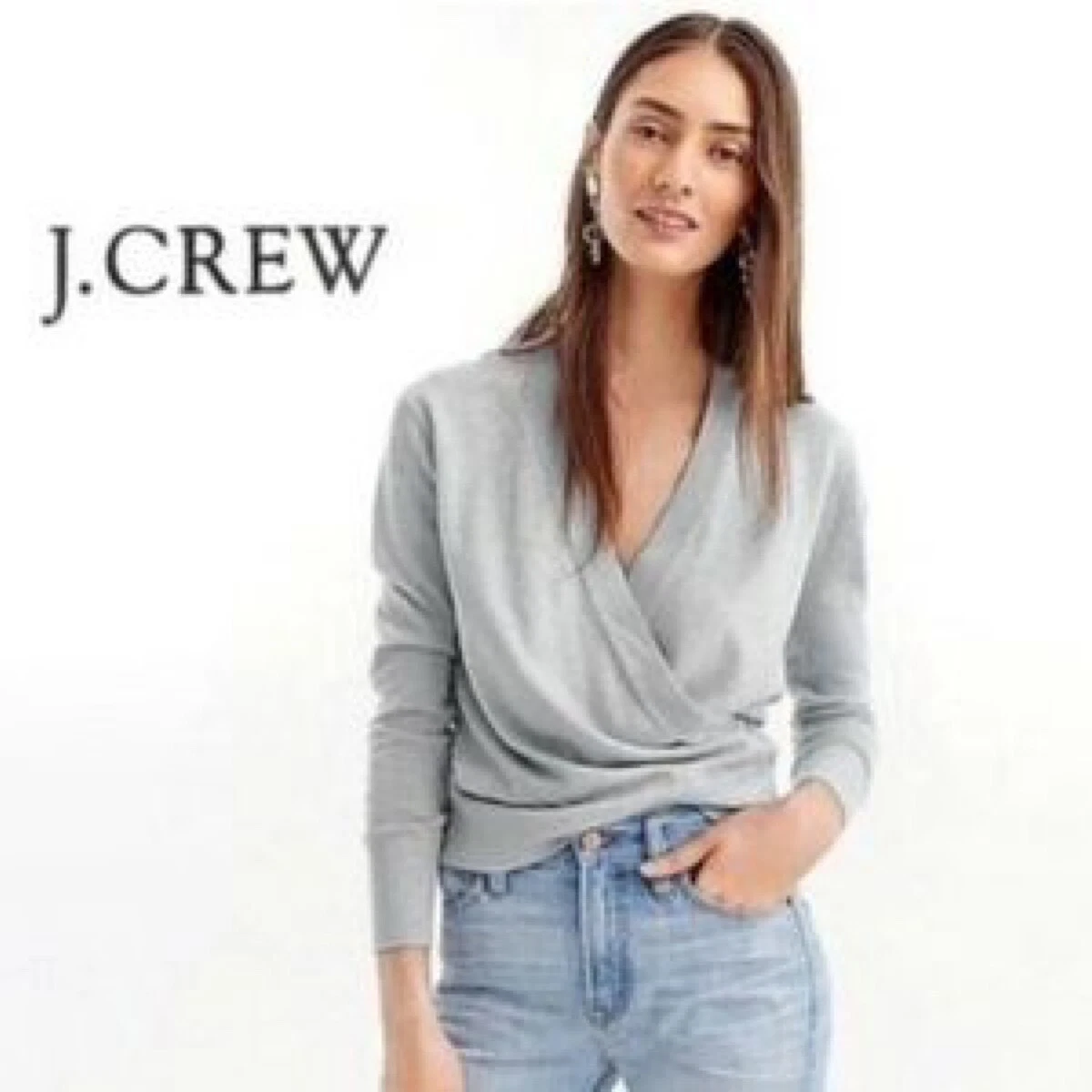 NWT J.CREW Size XS 100 Merino wool faux wrap sweater GRAY Style