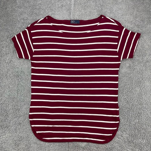 Gap Boat Neck T-Shirt Womens XS Round Hem Striped Tee Knit Top Stretch Burgundy  - Picture 1 of 12