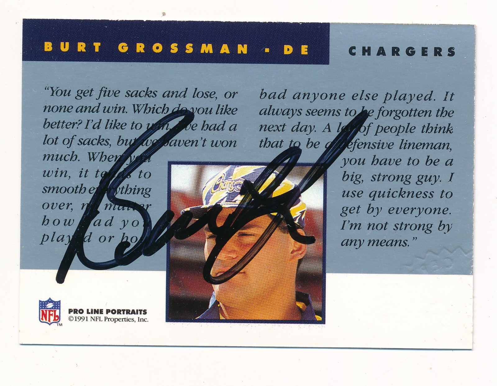 BURT GROSSMAN 1992 PRO LINE PORTRAITS AUTOGRAPH AUTO *SAN DIEGO CHARGERS*