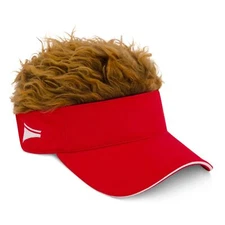Flair Hair Sun Visor Cap with Fake Hair Brown Hair with Red Adjustable Baseba...
