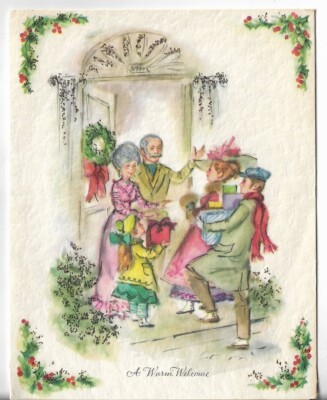 VTG CHRISTMAS CARD 5x6.25 Family Coming to Visit Grandma and Grandpa on Xmas