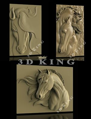 3 Pcs 3D STL Models HORSE HEADS for CNC Router 3D Print Engraver Carving Aspire