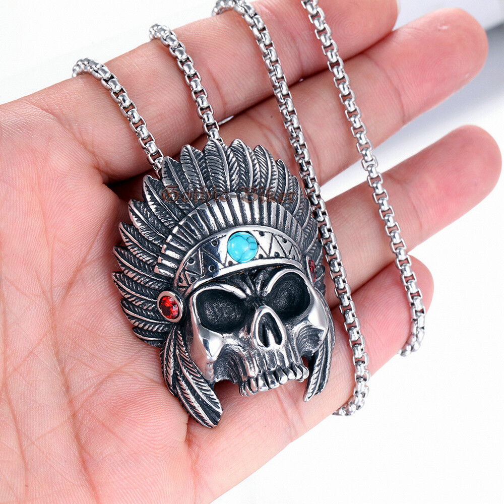 Men Native American Indian Chief Skull Biker Necklace Pendant