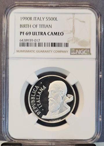 1990 ITALY SILVER 500 LIRE S500L BIRTH OF TITIAN NGC PF 69 ULTRA CAMEO SCARCE