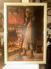 “ROBERT GWEN” YOUNG LADY MOPPING  BY THE FIREPLACE, original oil painting SIGNED