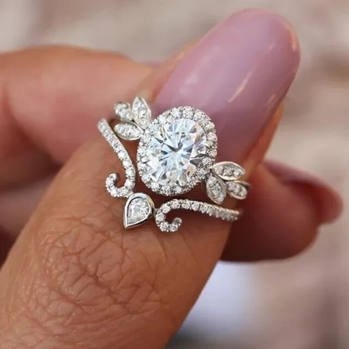 Women's Bridal Ring Set Oval Cut Diamond Lab-Created 14k White Gold Plated 2Ct