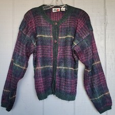 Paul Harris Wool Mohair Blend Long-Sleeve Plaid Cardigan Fuzzy Sweater. Size M