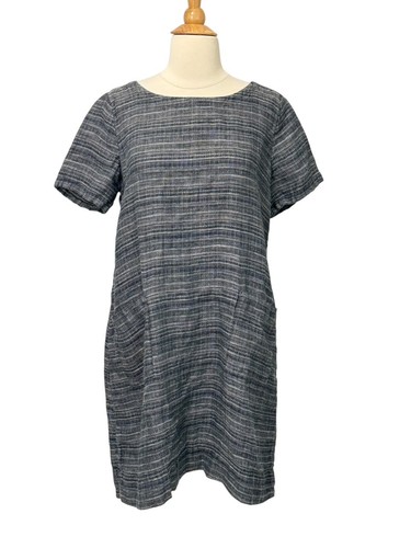 Eileen Fisher Coastline Organic Linen Shift Dress Blue Black Lagenlook Size M - Picture 9 of 9
