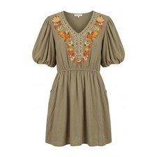 Solitaire Dress Women XL Green Embroidered Floral Puff Sleeve Boho Mini Pockets