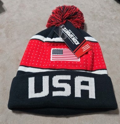 Team USA American Flag Pom Beanie Hat Red White Blue Knit NWT Patriotic