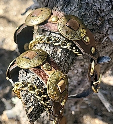 Vintage Western Spur Straps Leather Concho Pair Brass Chain Cowboy Boot Straps