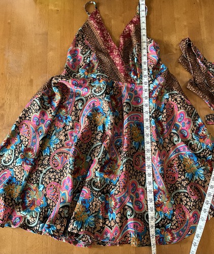 Belize Silk Strappy Dress Plunging V Neck Floral Paisley Smocked Boho One Size - Picture 14 of 24