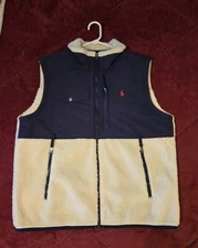 Polo Ralph Lauren Vest Mens Large Navy Cream Full Zip Fleece Sherpa Performance