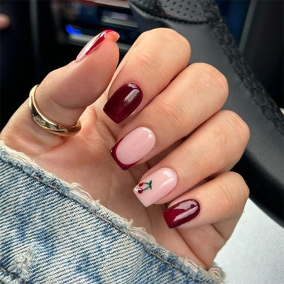 Burgundy Cherry Design Short Square Press-On Nails - 24PCS Full Cover Glossy
