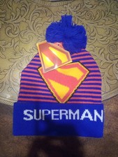 Superman Boys One Size Fits Most Beanie Blue And Red Striped