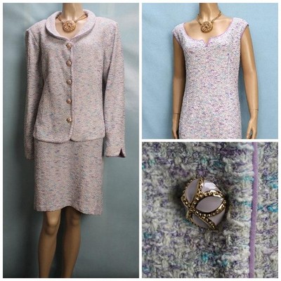 St. John Collection White Jacket Dress XL 16 18 2pc Suit Purple Trim Multicolor