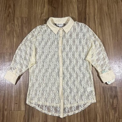 Belle Du Jour Lace Shirt Womens Medium White Button Front Sheer Tunic Top