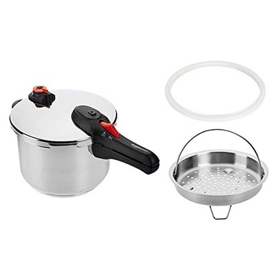 Amazon Basics Edelstahl Schnellkochtopf mit Dampfgarer, 6 Liter, silber