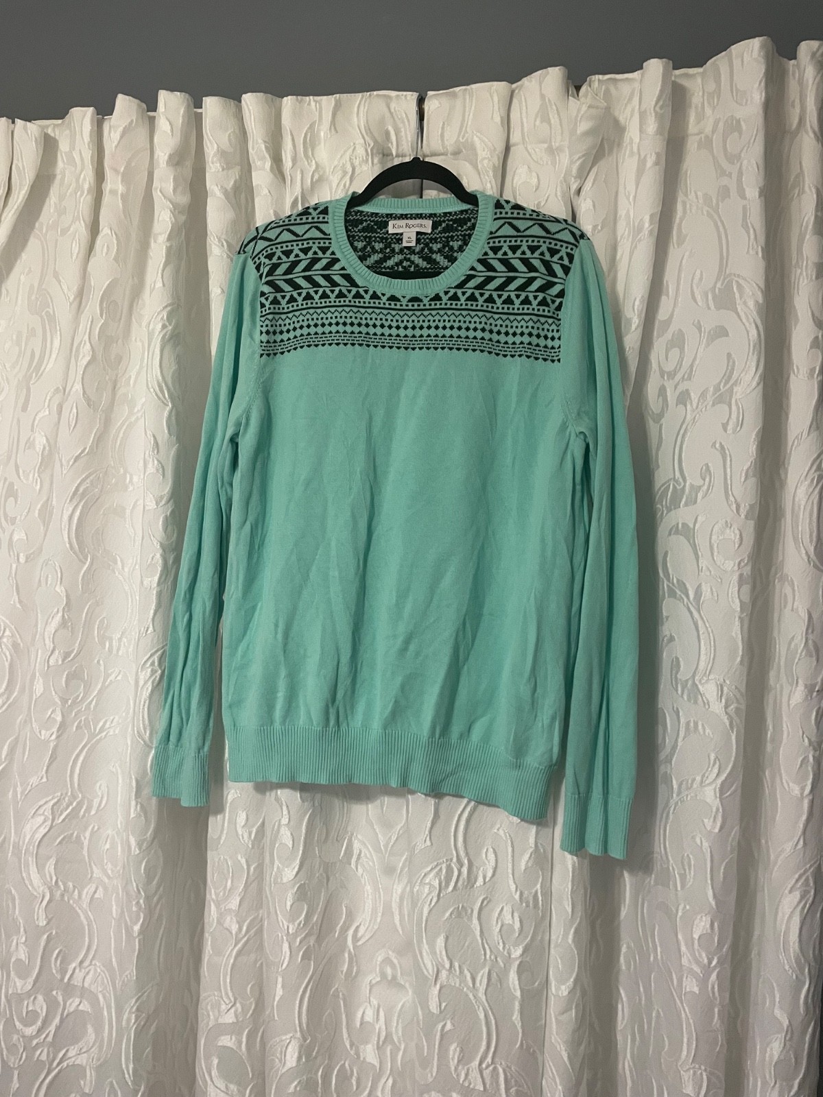 kim rogers XL sweater, mint green with black design