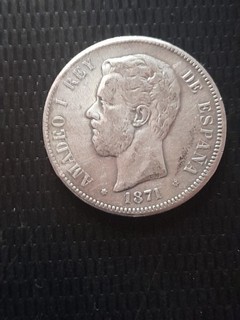 Espagne Europe pièce de monnaie 5 Pesetas argent 1871 Amadeo I Rey de España