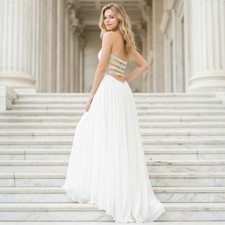 Sherri Hill 6 White Silk Beaded Strapless Gown Open Back Prom Pageant Dress