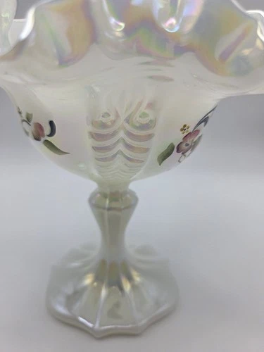 Vintage Fenton Iridescent Ruffled Compote – Hand Painted Floral