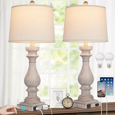 Set of 2 Vintage 29" Farmhouse Table Lamps with USB  AC Outlet, Gray