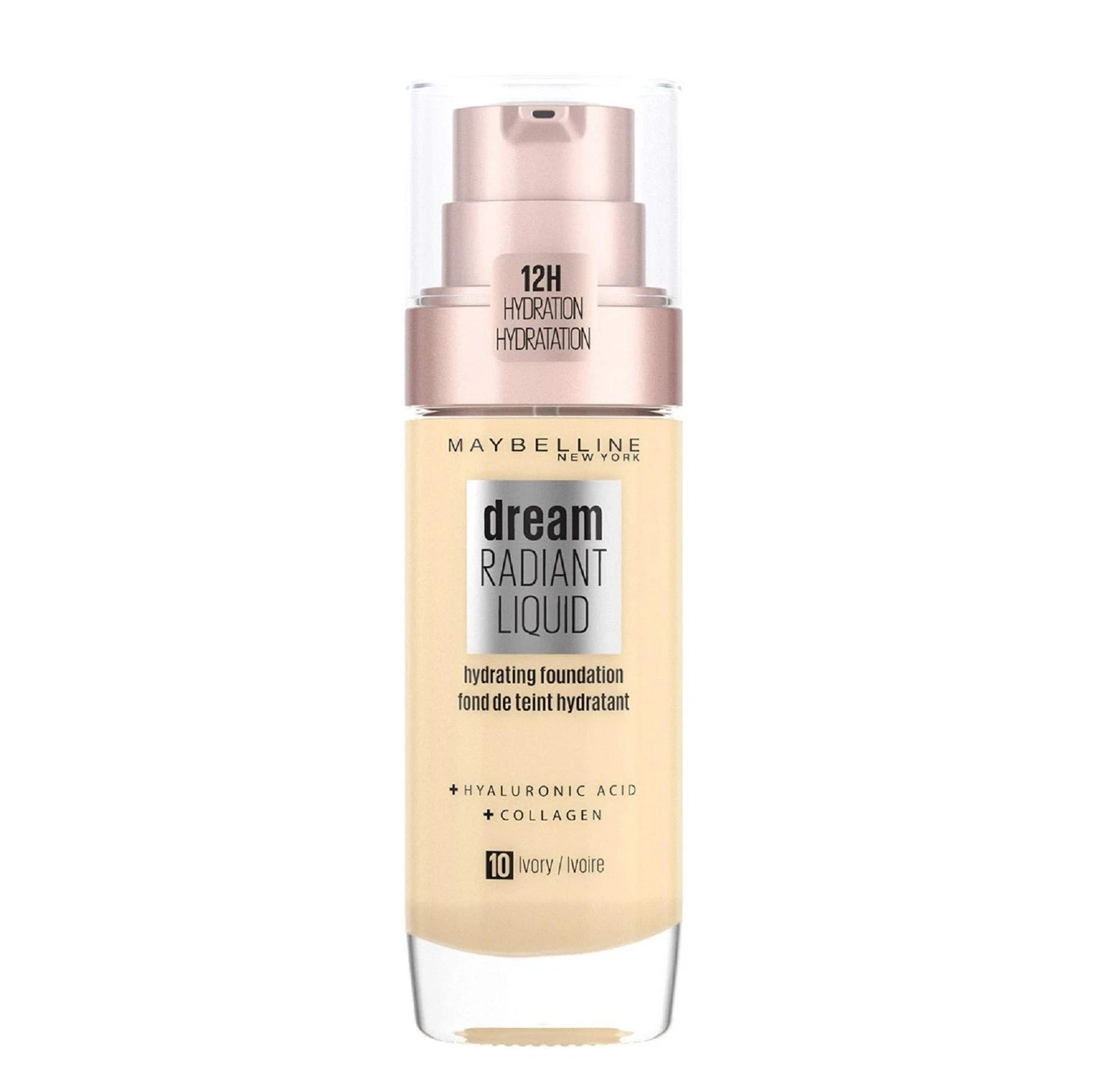 Maybelline Dream Radiant Liquid Foundation; Hyaluronic Acid; 10 Ivory; 12Hr