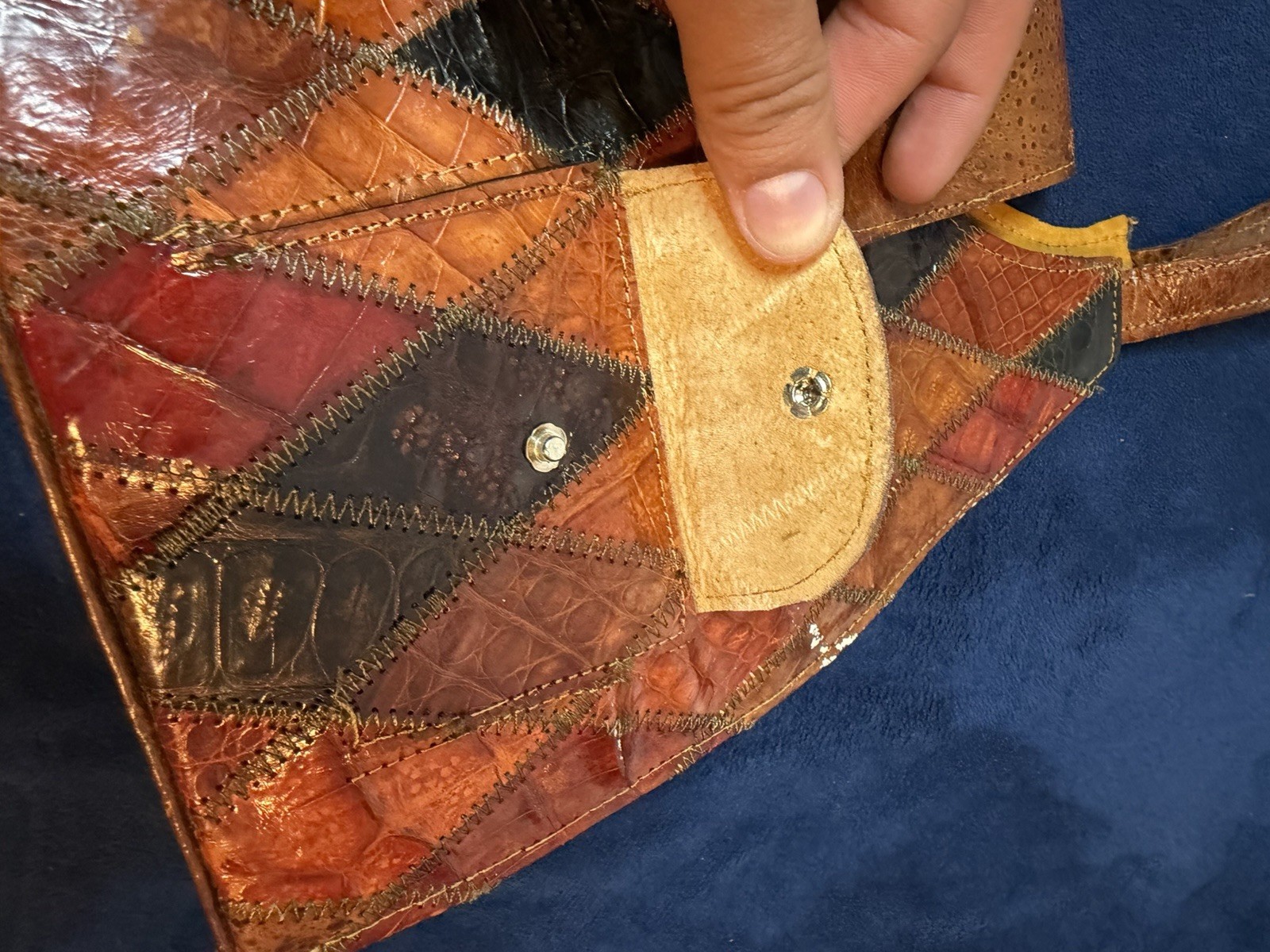 Vtg 70’s Multicolor Leather Patchwork shoulder Ba… - image 9