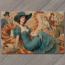 Art Print Woman Blue Dress Red Snake Retro Carnival Crowd Around